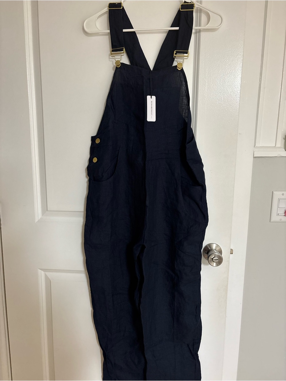 WeWoreWhat Navy Linen-Blend Overalls with Brass Hardware